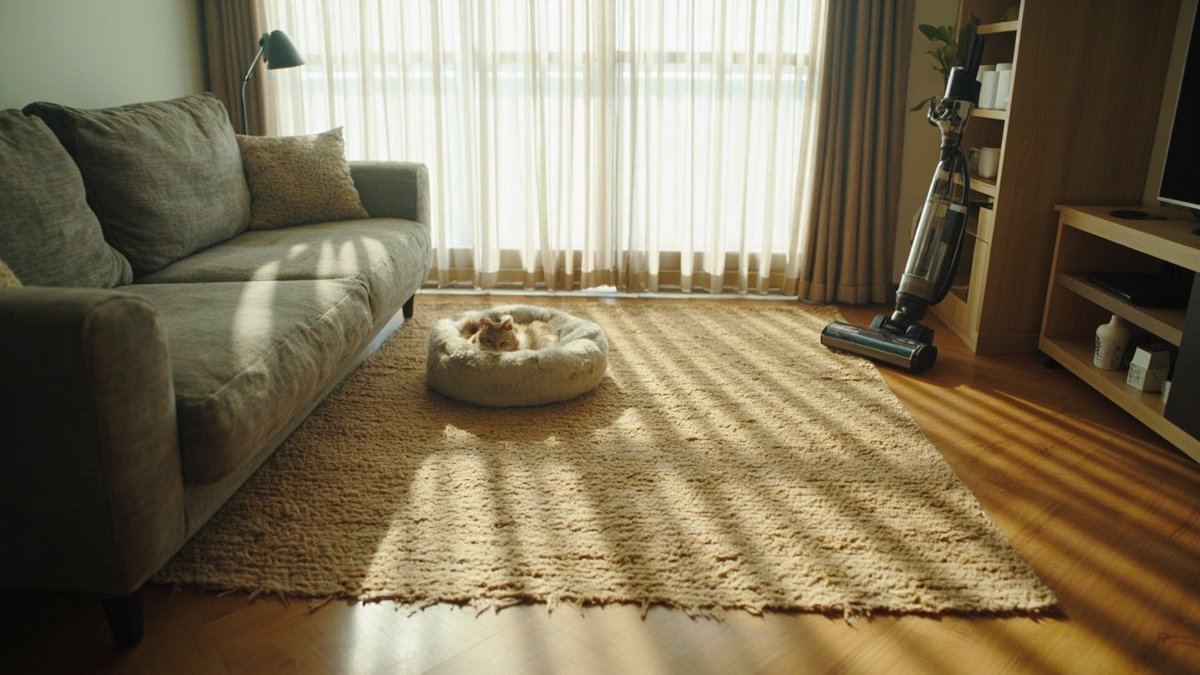 Living room with a fabric sofa, woven rug, cat bed and a vacuum cleaner beside the sofa