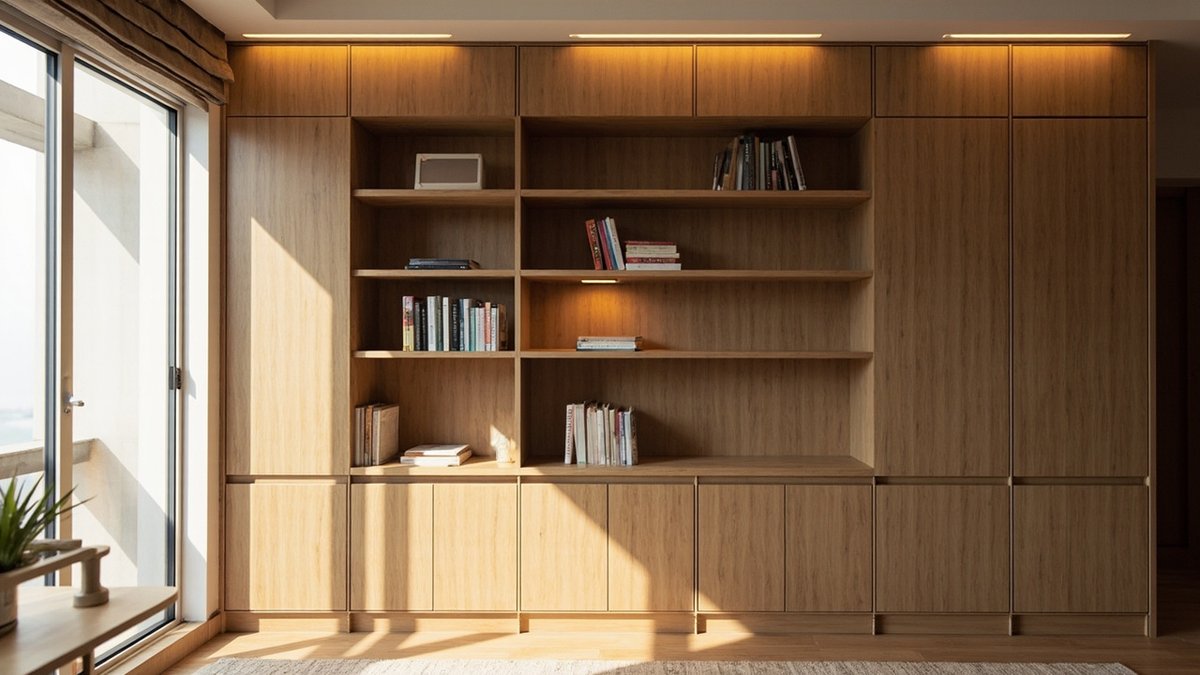 Almari buku built-in dari lantai ke siling dengan rak terbuka dan rak terapung dalam bilik belajar