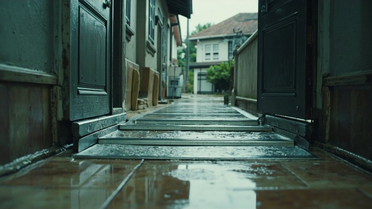 Aluminium flood barrier boards fitted across a terrace house doorway
