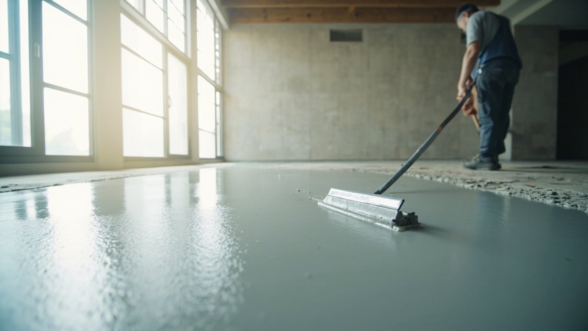 Self-levelling compound spread across a concrete floor with a gauge rake