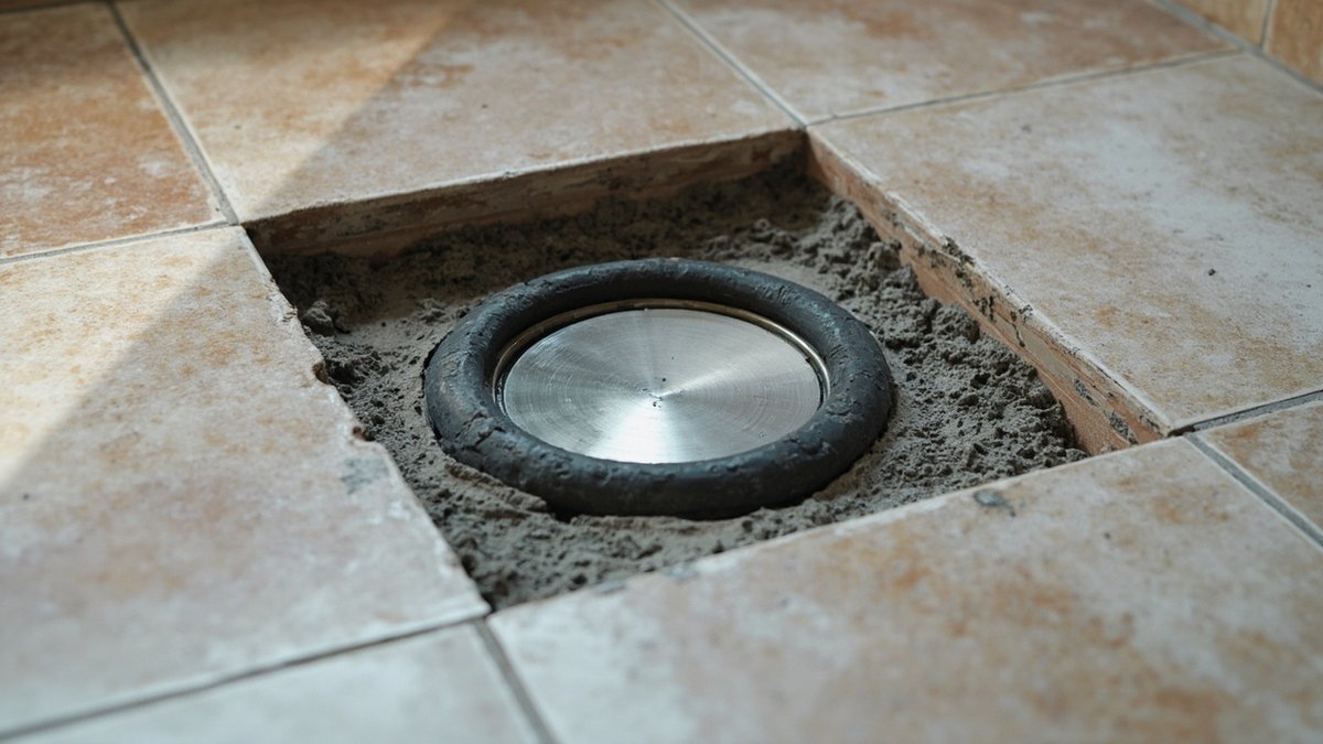 New stainless floor trap set in fresh screed with a waterproofing collar where tiles were hacked out