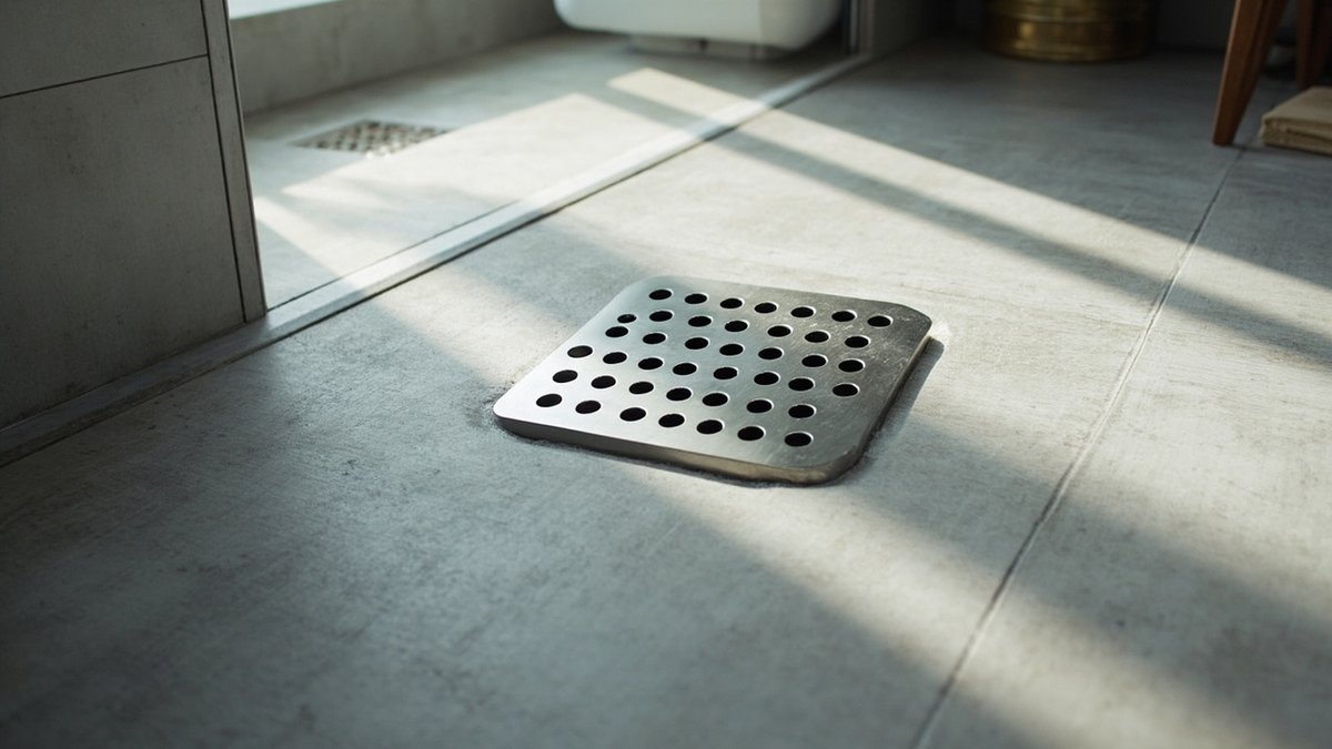 Stainless steel floor trap grating set in grey bathroom floor tiles
