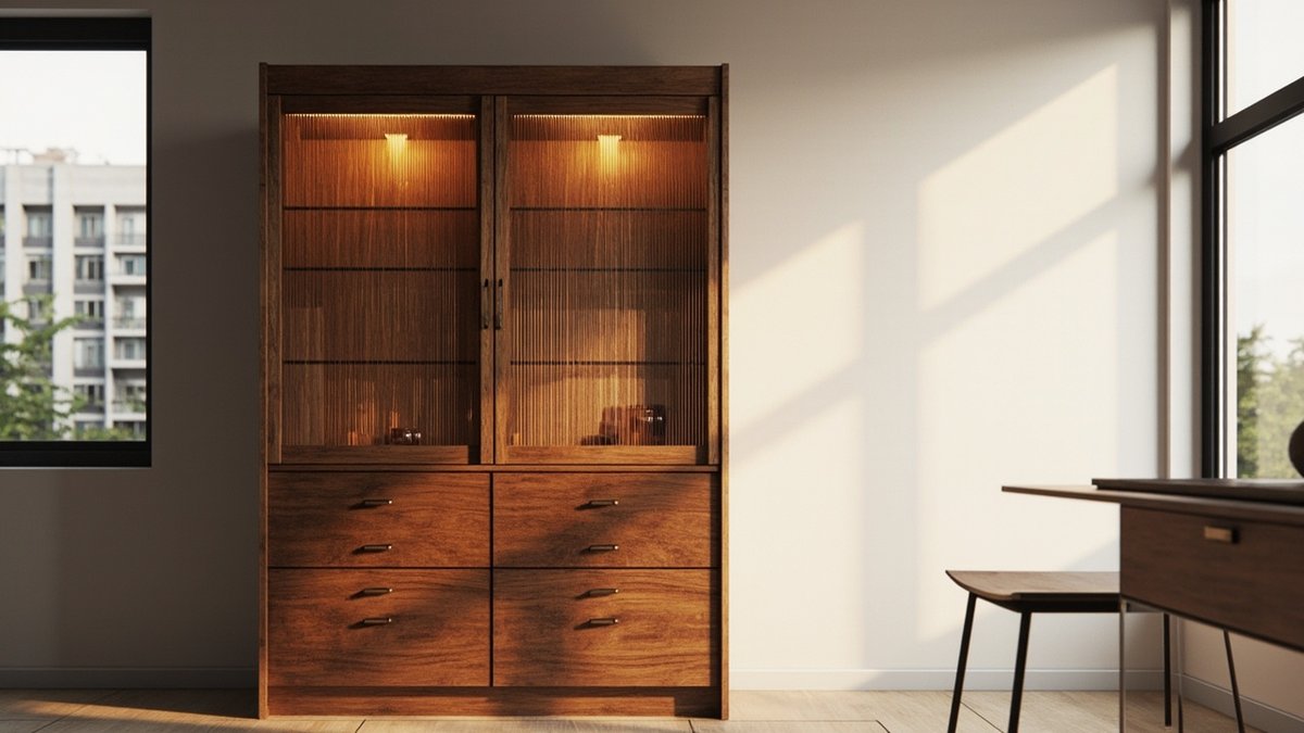 Ilustrasi konsep reka bentuk: kabinet pameran walnut tinggi dengan dua pintu kaca fluted bercahaya di atas empat laci di sebelah meja makan