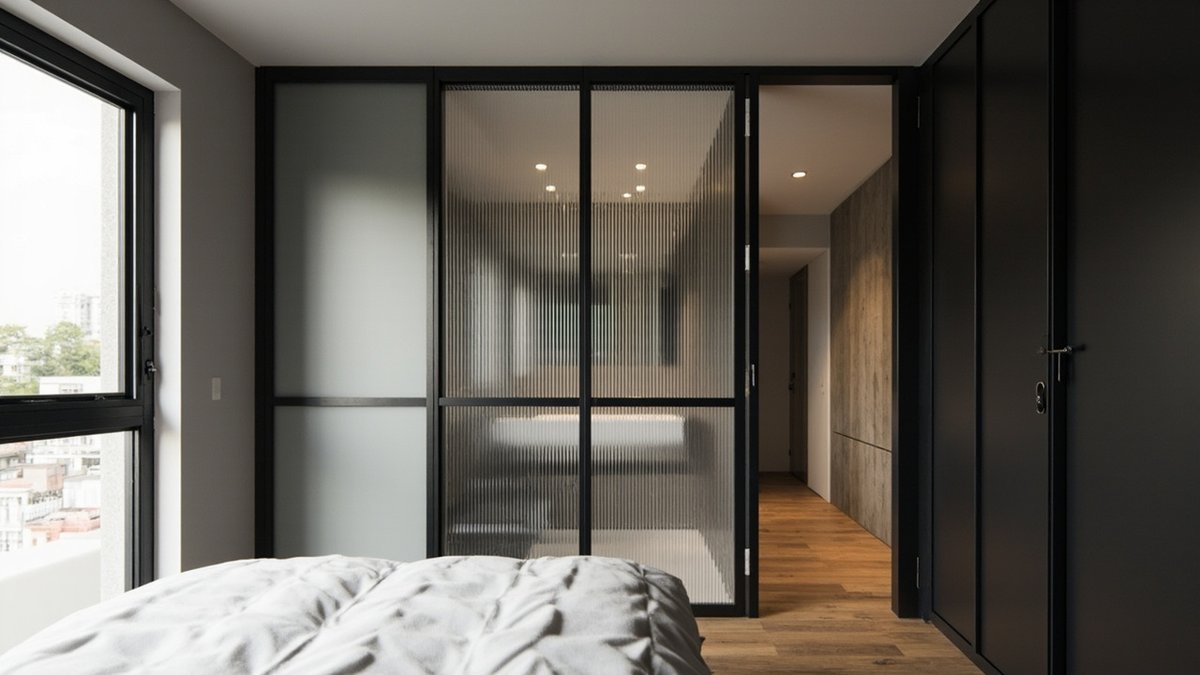 Ilustrasi konsep reka bentuk: bilik tidur dengan partition en-suite berbingkai hitam, satu panel frosted dan sepasang pintu kaca fluted