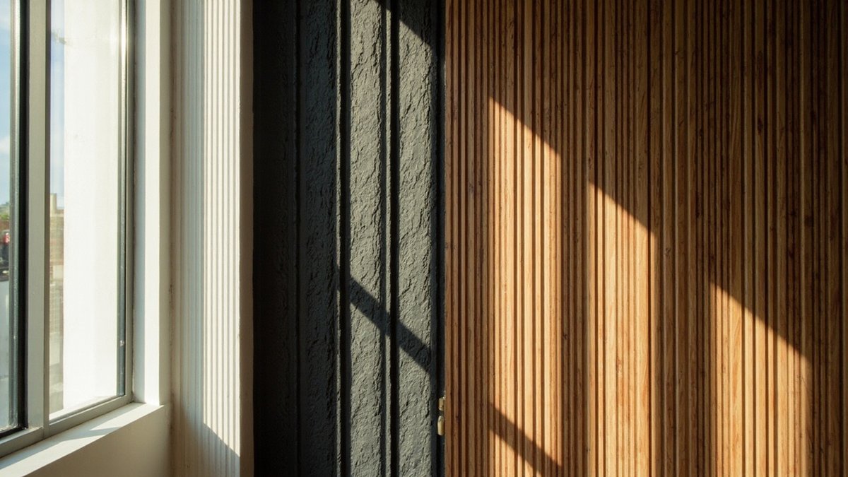 White fluted panel, a charcoal textured strip and a walnut fluted wall beside a window, lit by sunlight