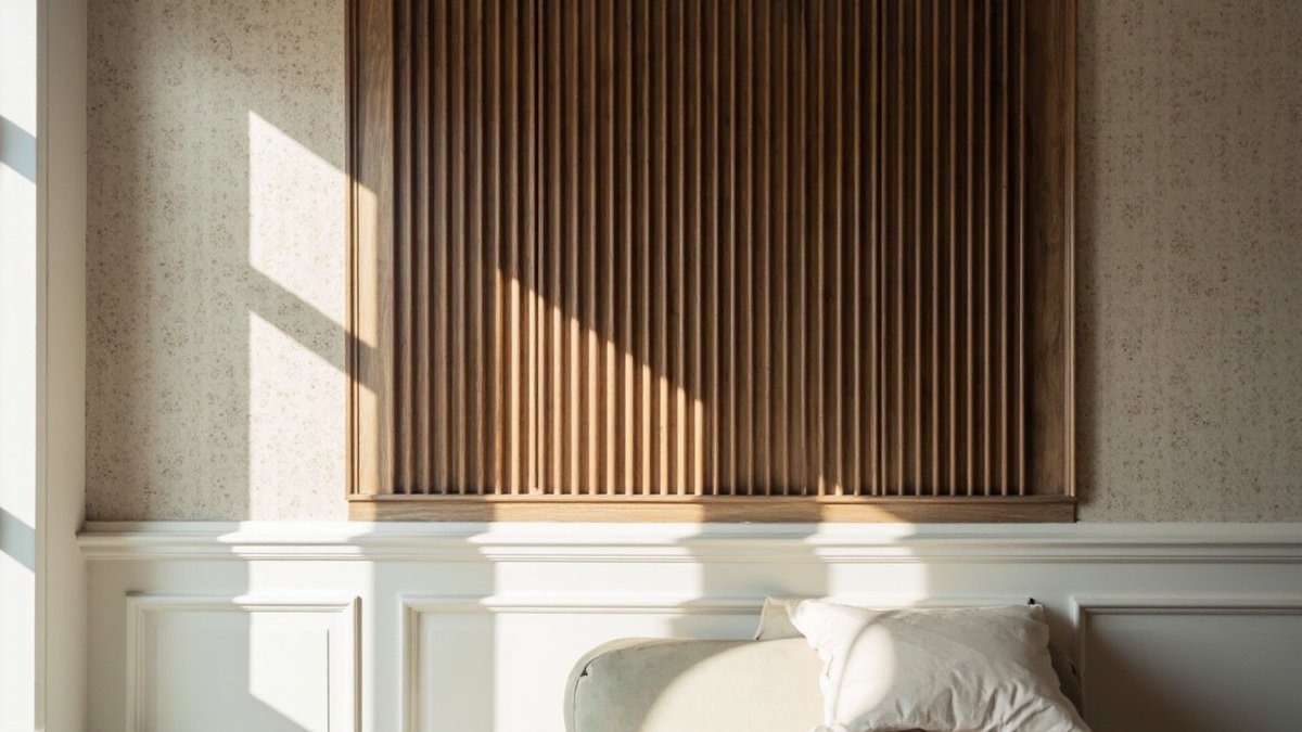 Bedroom wall showing wainscoting, wallpaper and a fluted panel section together