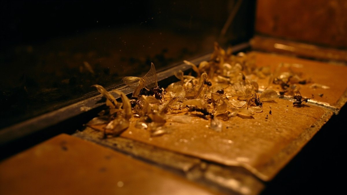 Discarded termite wings on a windowsill after an evening kelkatu swarm