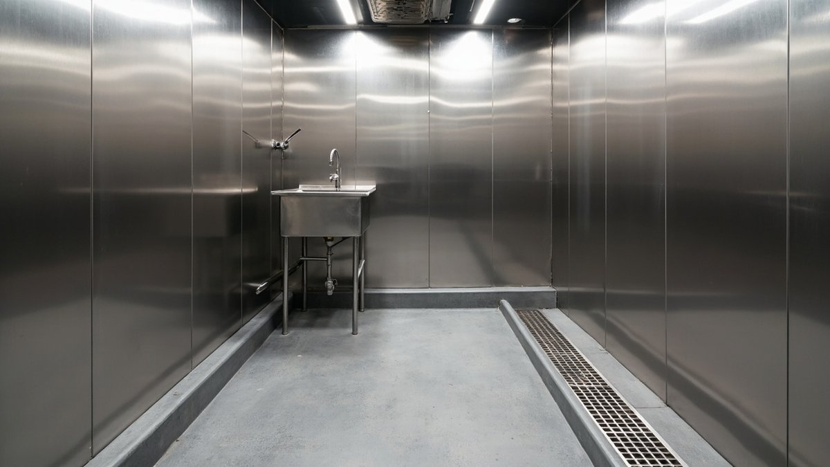 Shoplot restaurant kitchen with a separate hand-wash basin, coved skirting and channel drain
