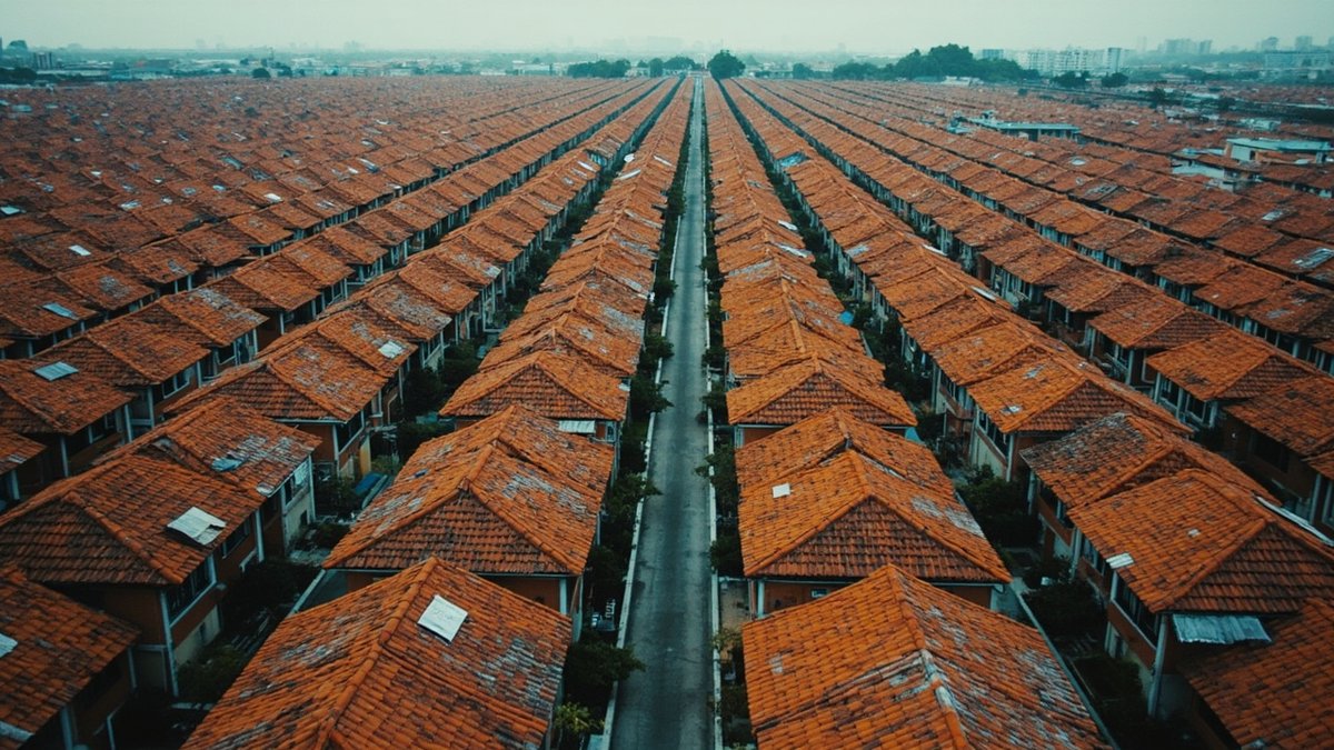 Aerial view of terrace house rooftops comparing freehold and leasehold titles