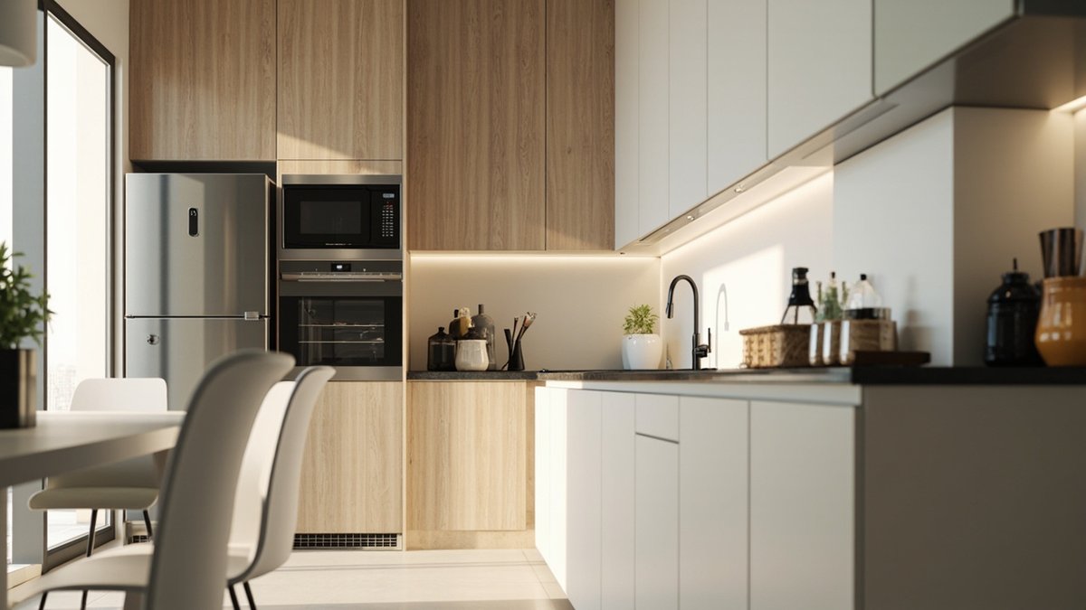 Oak and white kitchen cabinets with a fridge in a tall surround beside a built-in microwave and oven housing