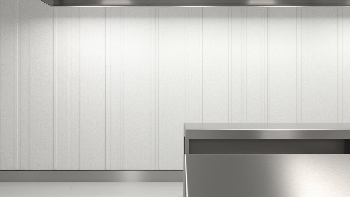 Panel dinding FRP putih dengan trim dan skirting melengkung di belakang meja penyediaan keluli