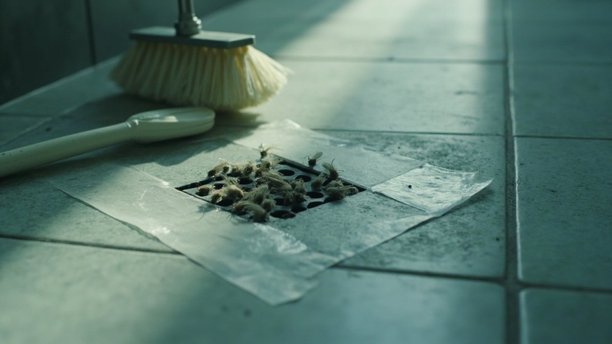 Clear tape over a bathroom floor trap with tiny grey drain flies caught on it beside a drain brush
