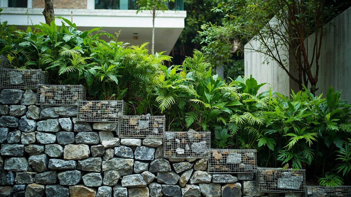 Tembok penahan gabion berundur menahan cerun taman yang ditanam pokok