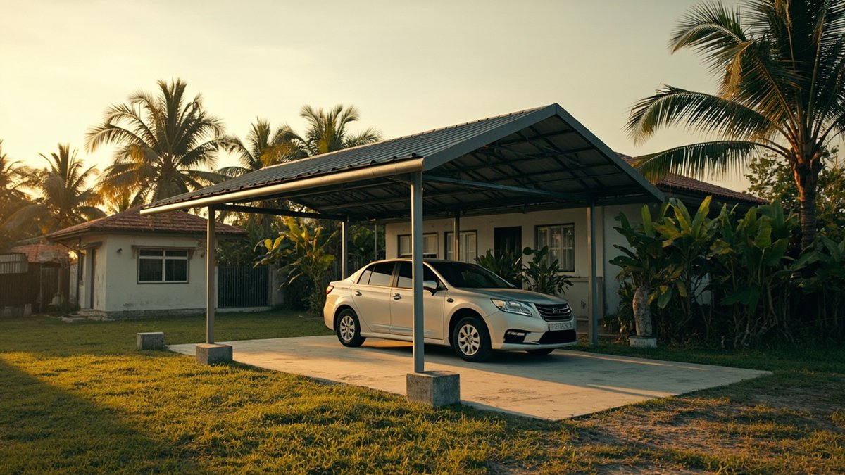 Garaj kereta besi berdiri sendiri berbumbung metal deck di sebelah rumah kampung, dengan kereta di bawahnya