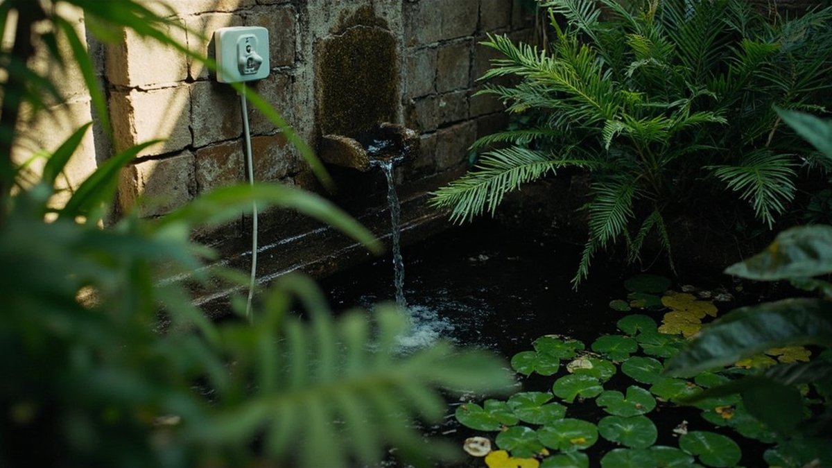Small garden fish pond with a stone wall fountain and water plants
