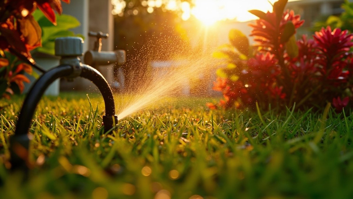 Pop-up sprinkler spraying a lawn at sunrise with drip tubing running through the flower bed