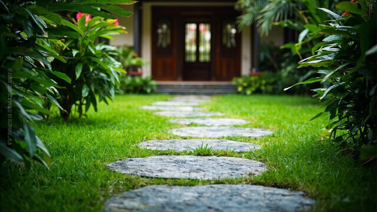 与草地齐平的纹理踏脚石，通往住宅门廊