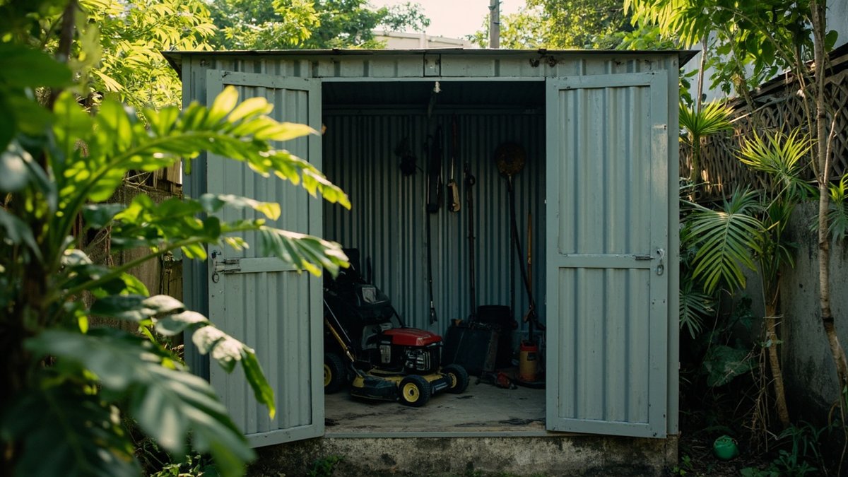 Stor taman logam atas papak konkrit yang ditinggikan dengan alatan tergantung di dalam