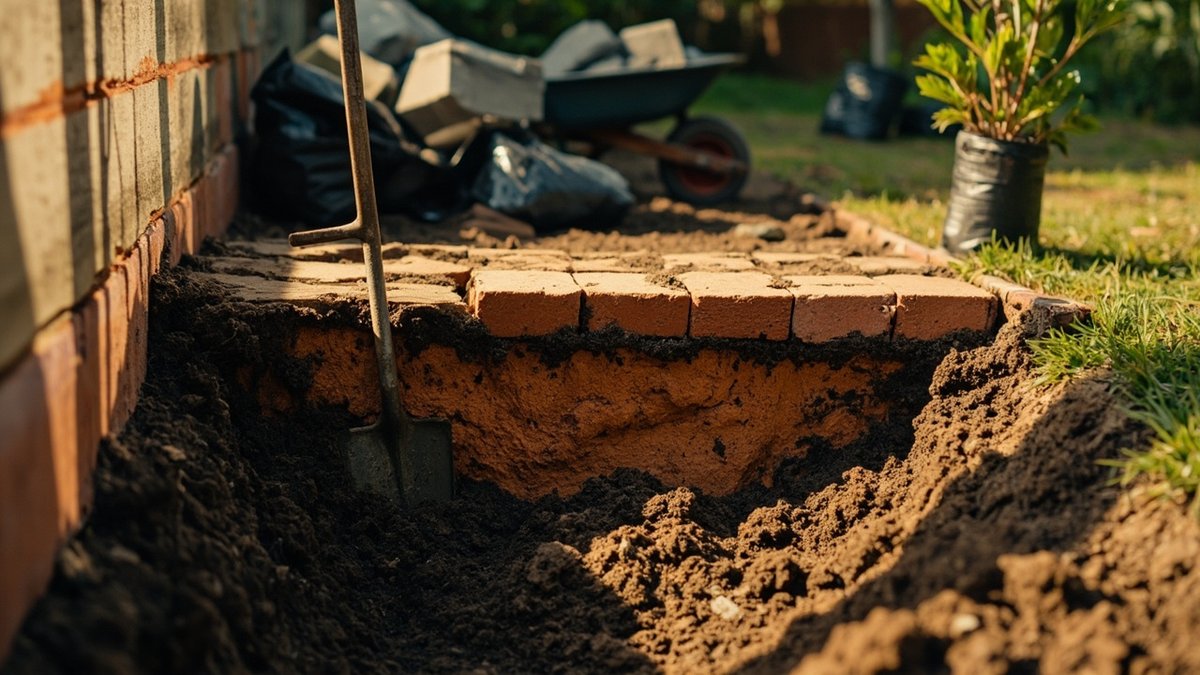 Freshly dug garden bed showing clay and brick rubble under a compost-rich top layer beside a house wall