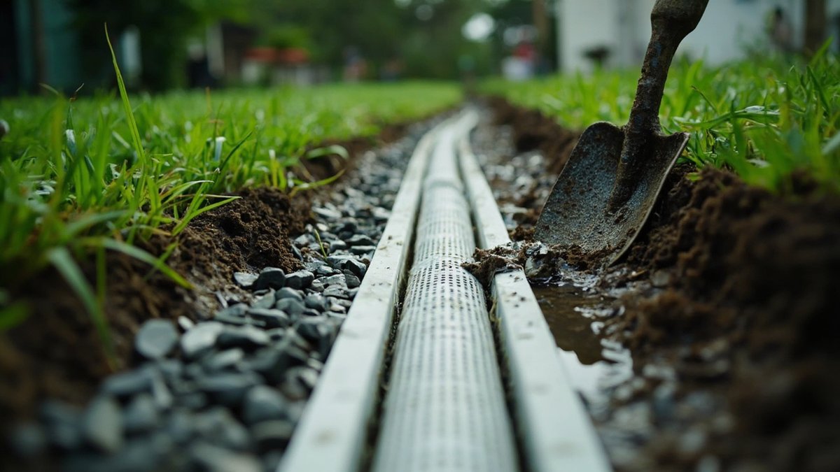 Parit French drain yang baru digali dengan paip berlubang dalam kain penapis dan kerikil di sebelah rumput berair