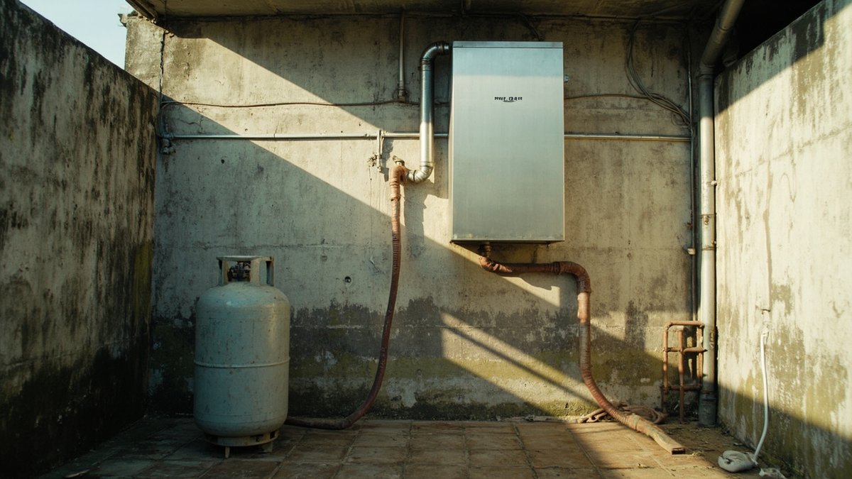 Gas instant water heater on an outside service-yard wall with its flue venting outdoors and an LPG cylinder