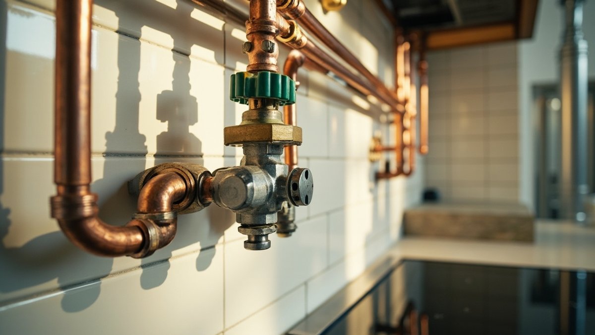 Copper and stainless gas piping installation feeding a kitchen hob in a Malaysian home