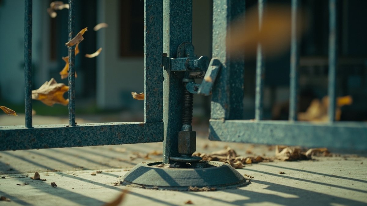 Steel double swing gate with a drop bolt in a ground socket and a latch with a rubber stop