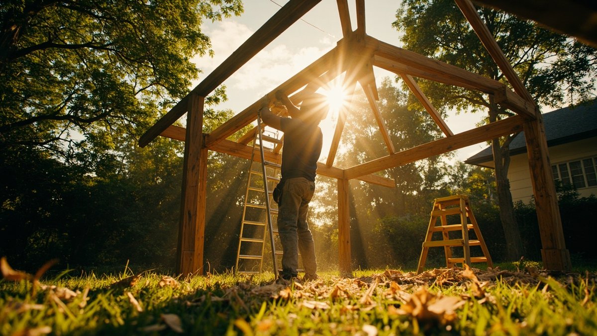 Carpenter building a timber gazebo roof frame in a backyard