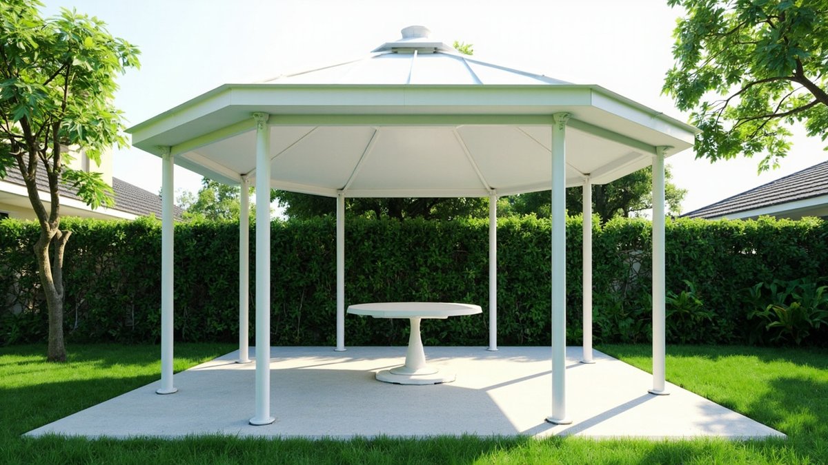 Illustrative concept design: white aluminium kit gazebo with a pointed many-sided roof and slim columns on a concrete pad, with a round table