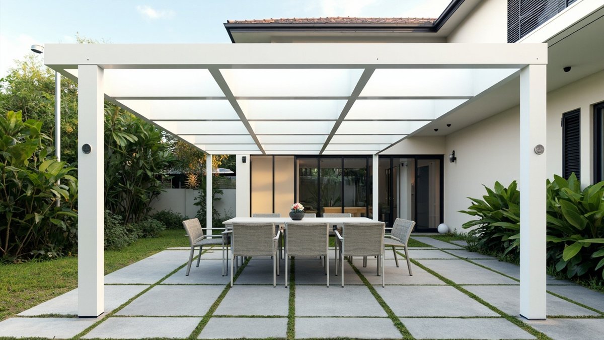 Illustrative concept design: white aluminium pergola with opal translucent roof panels over a dining table and six chairs on large pavers