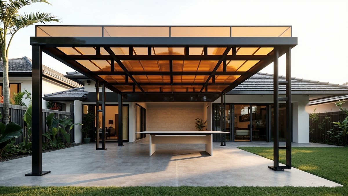 Illustrative concept design: wide-span black steel pergola with amber-tinted polycarbonate roof panels over a cement patio with a long table