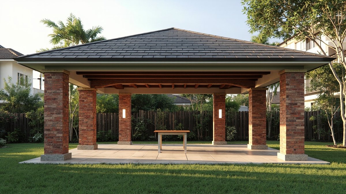 Illustrative concept design: large open pavilion on six red-brick pillars with a dark tiled hipped roof and a tiled floor on a lawn