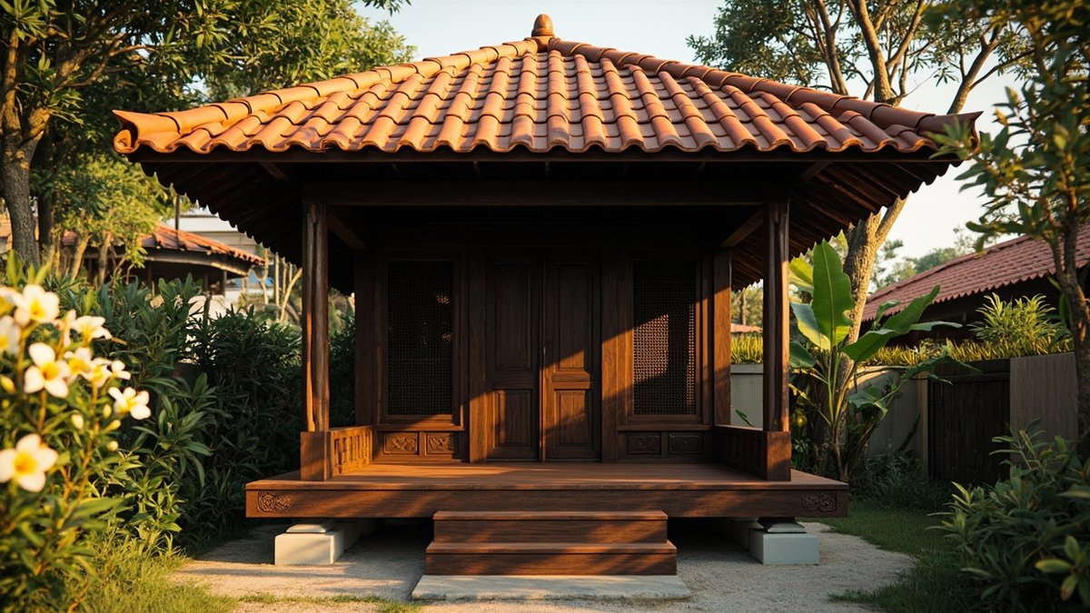 Illustrative concept design: dark hardwood garden pavilion on a raised floor with doors and lattice panels under a terracotta clay tile roof
