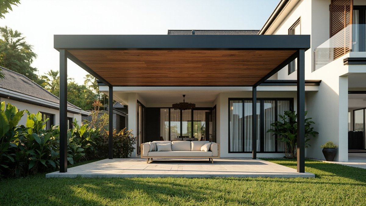 Illustrative concept design: flat-roof pavilion on four slim charcoal posts with a timber-look ceiling over an outdoor sofa on a stone pad