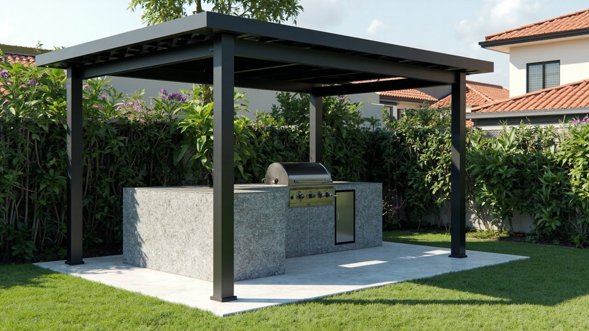 Illustrative concept design: charcoal flat-roof gazebo frame over a granite-clad BBQ counter with a stainless steel grill