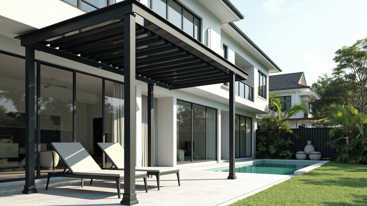 Illustrative concept design: black aluminium louvre pergola shading two sun loungers beside a small rectangular pool