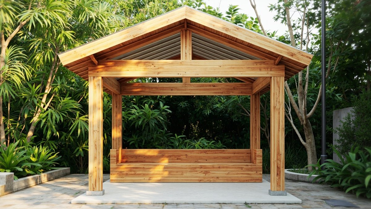 Illustrative concept design: square honey-coloured timber gazebo with a corrugated metal gable roof and a built-in bench on a concrete pad