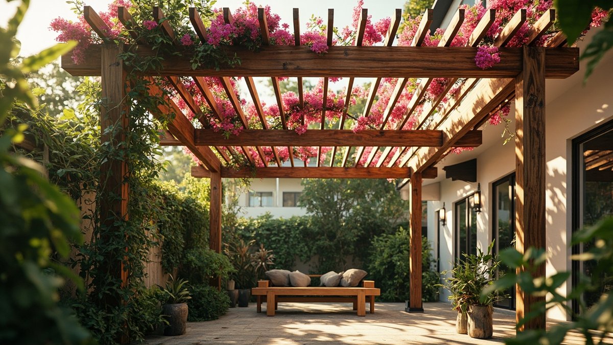 Illustrative concept design: open-rafter hardwood pergola covered in pink bougainvillea over a paved patio with a timber bench