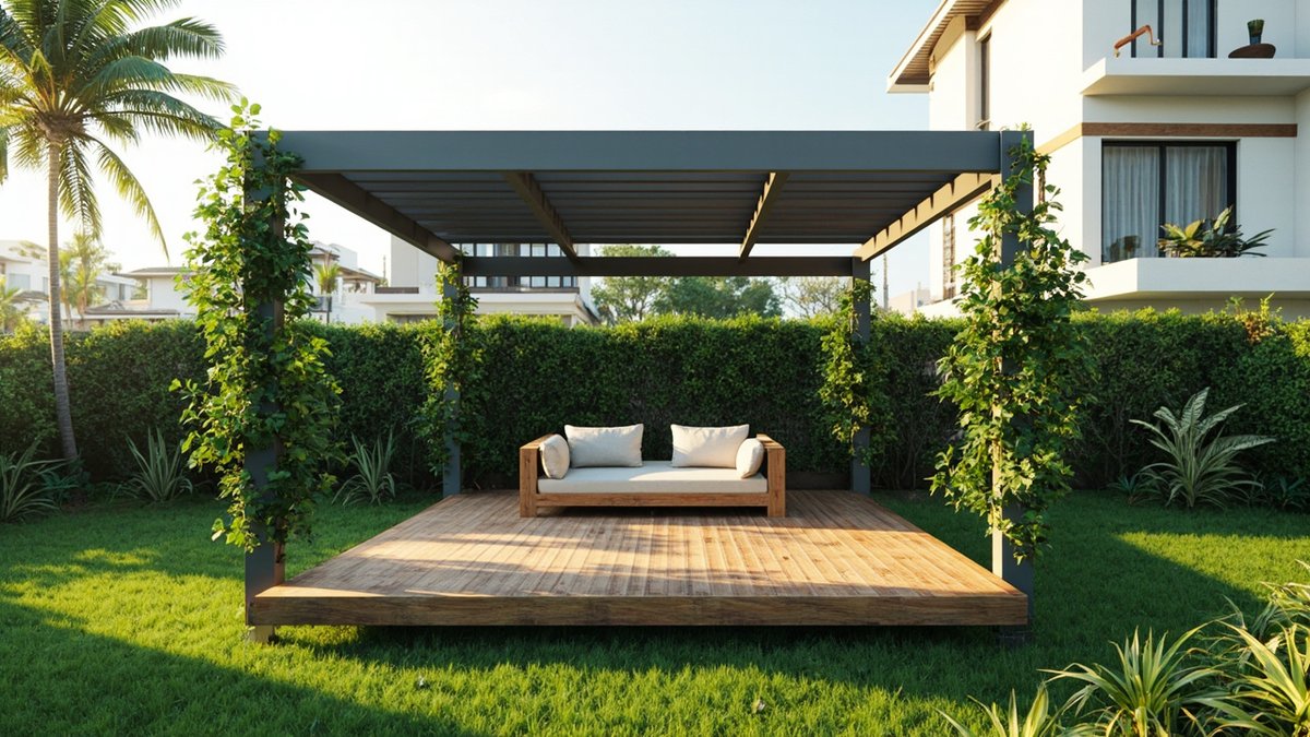 Illustrative concept design: dark grey slatted-roof pergola over a low timber-look deck on a lawn, with climbers on the posts and a daybed