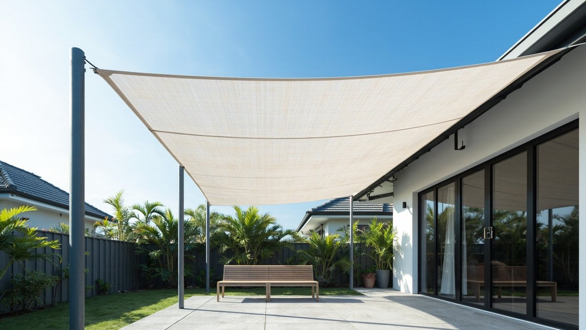 Illustrative concept design: large off-white shade sail tensioned between steel posts and the house over a paved patio with a timber bench