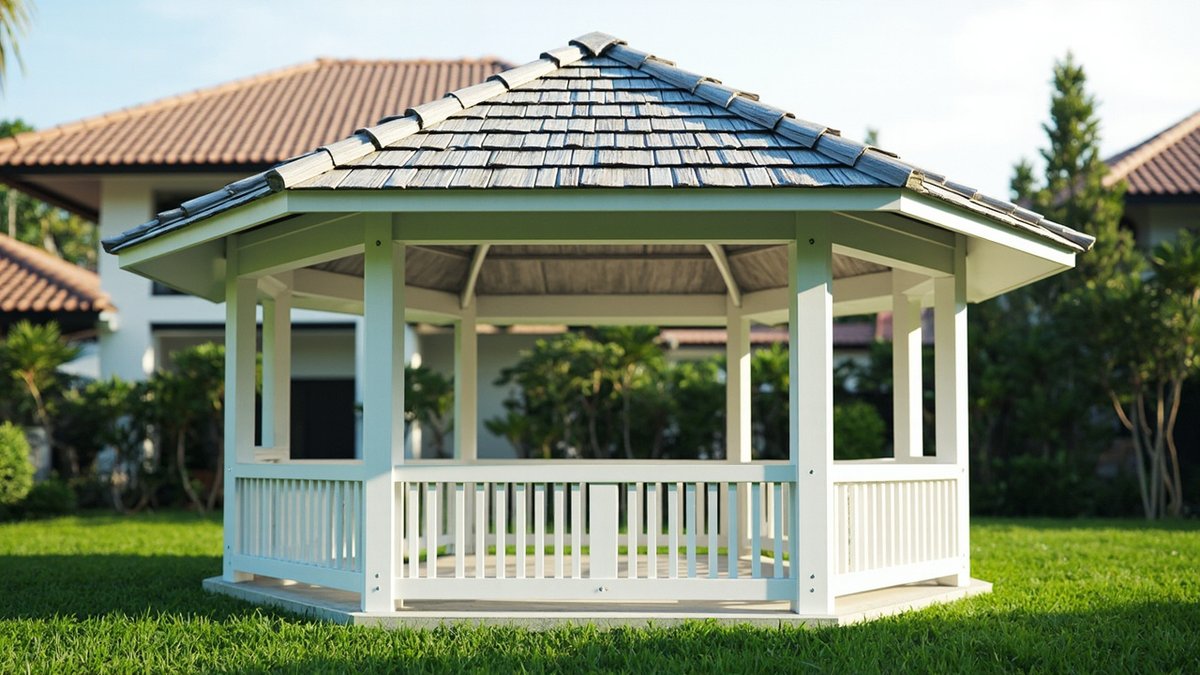 Illustrative concept design: octagonal white timber gazebo with low railings and a weathered grey timber shingle roof on a lawn