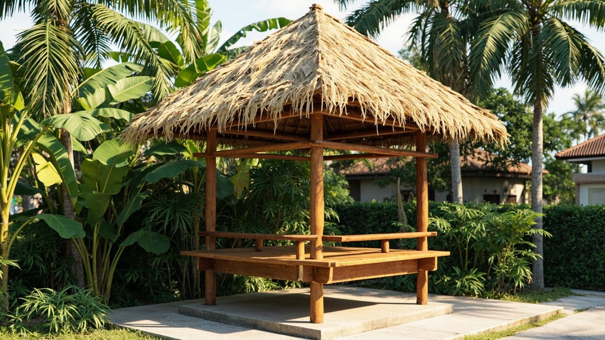 Illustrative concept design: raised timber wakaf platform with a low railing under a steep palm-thatch roof among banana and coconut palms