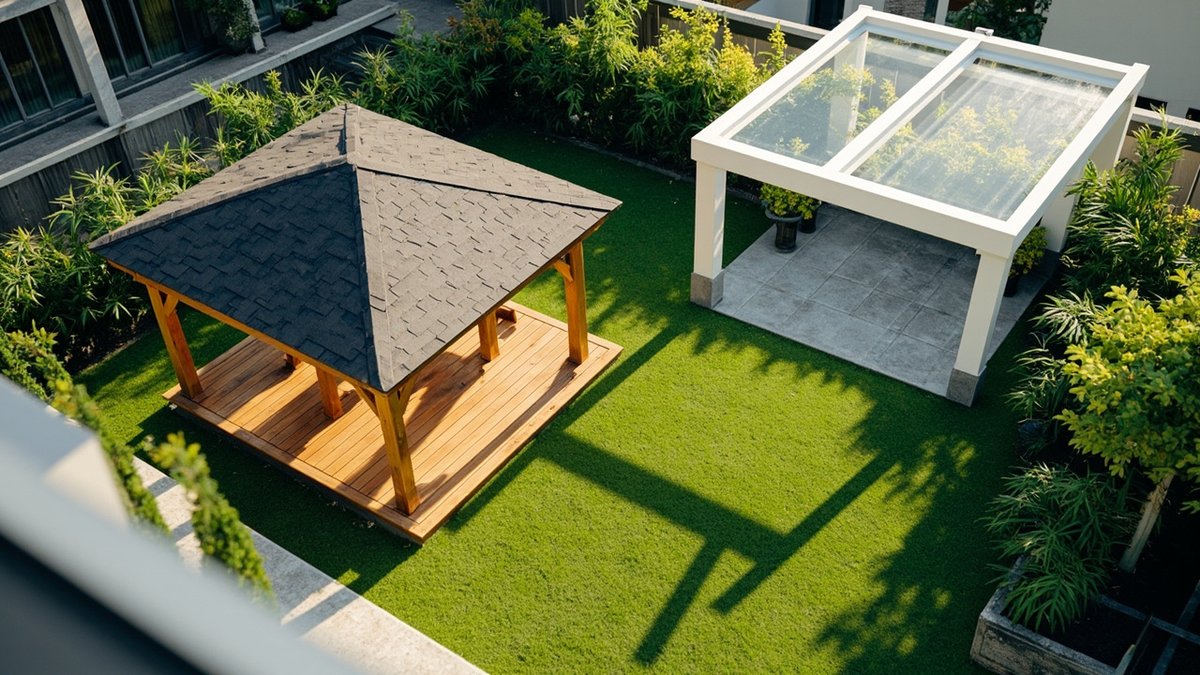 Illustrative concept design: semi-D garden with a timber gazebo with a dark shingle roof on a deck and a white aluminium pergola with clear roof panels over a patio