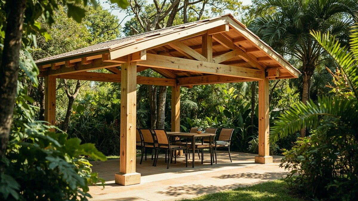Timber frame gazebo with light softwood finish