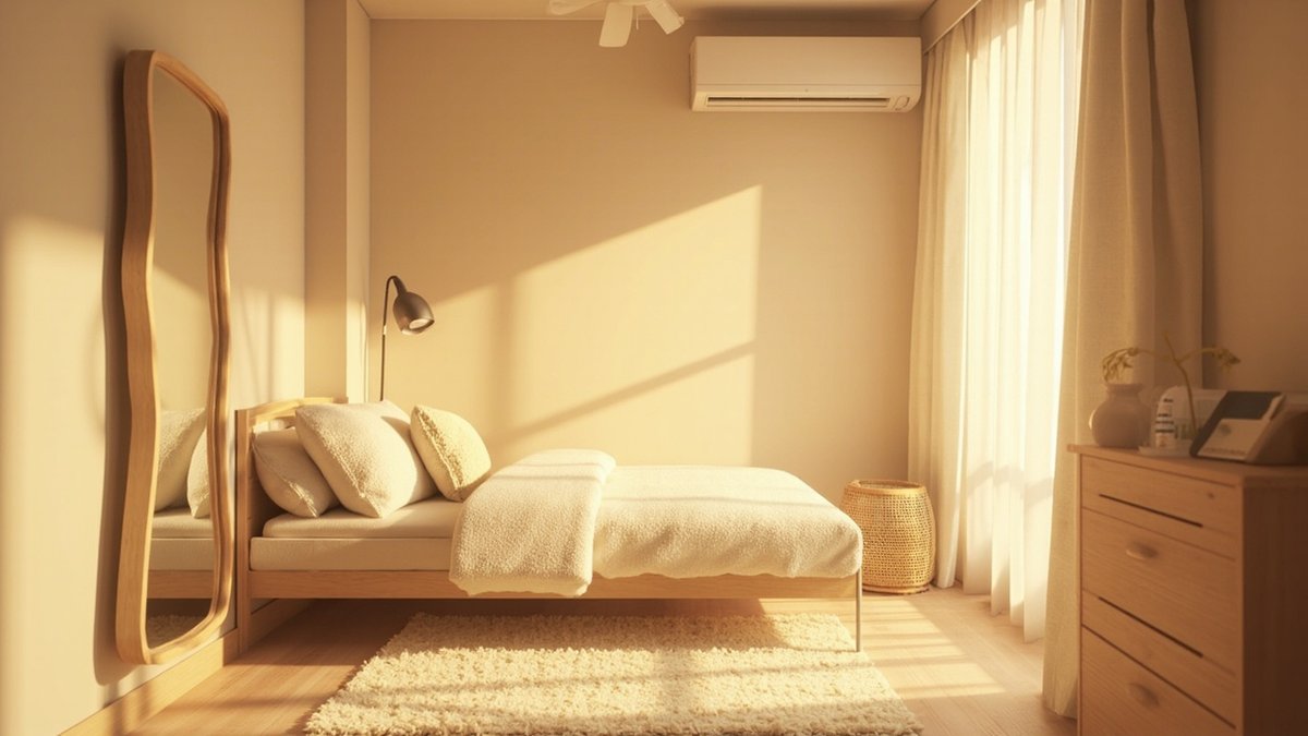 Illustrative concept design: wavy oak floor mirror beside a low bed in a beige room