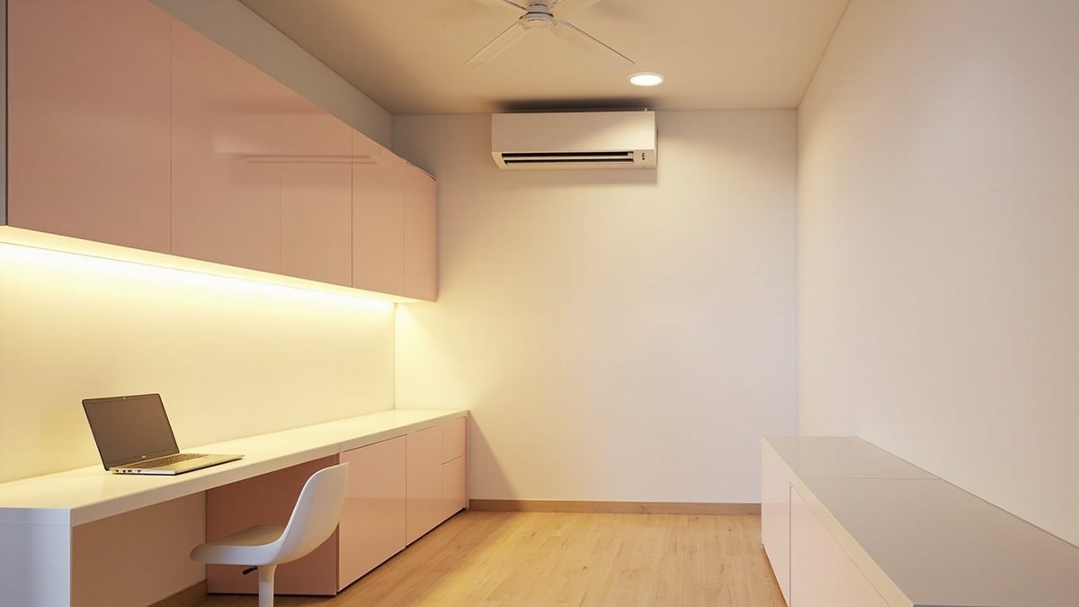 Illustrative concept design: long built-in desk with pale pink cabinets and a warm LED strip