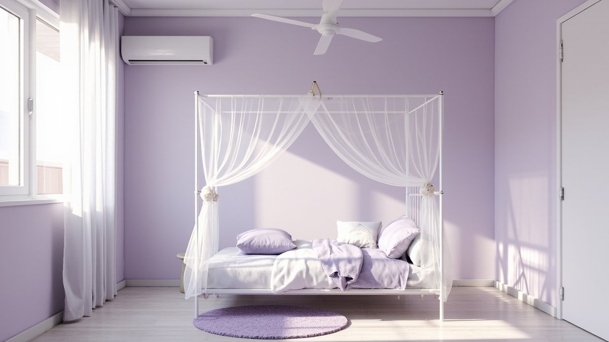 Illustrative concept design: white metal canopy bed with sheer voile in a lilac bedroom