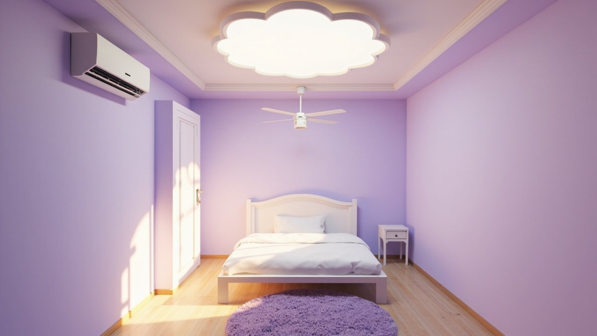 Illustrative concept design: lavender bedroom with a cloud-shaped ceiling light