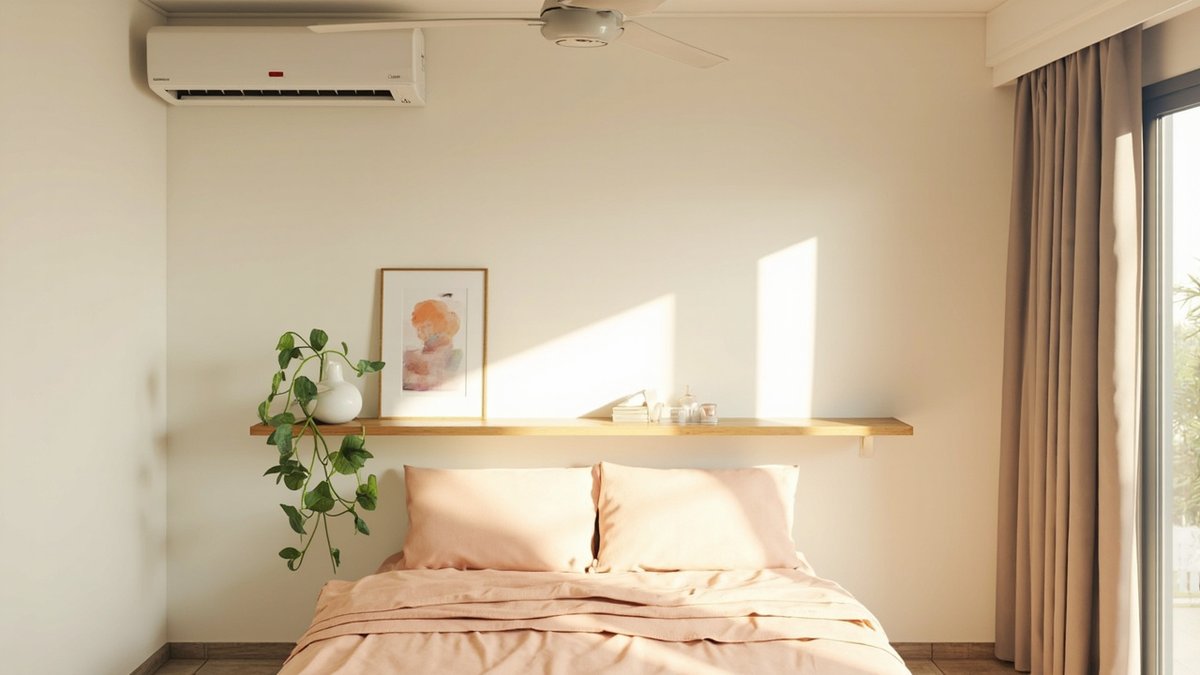 Illustrative concept design: long oak ledge above a bed with an abstract print and a trailing plant