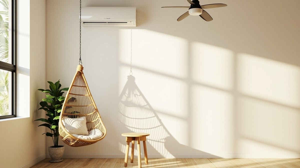 Illustrative concept design: rattan hanging chair with cream cushions beside a plant